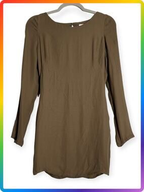 Olcay Gulsen 100% Silk Open Back Mini Dress SIZE M Tan Long Sleeve Evening